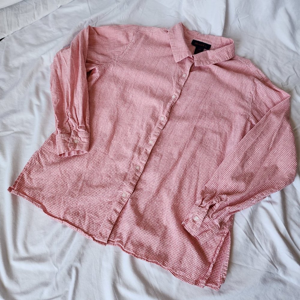 Denim&Co Linen Coral Gingham Button Up Women's L